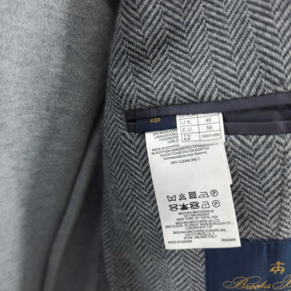 Brooks Brothers Mens Blazer Wool Cotton Herringbone Grey 46R Regent Fit Emmetex